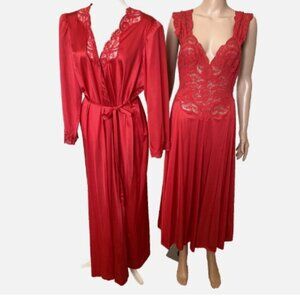 OLGA Red Vintage Peignoir Nightgown 91460 Large & Robe 94270 XL Set Like New